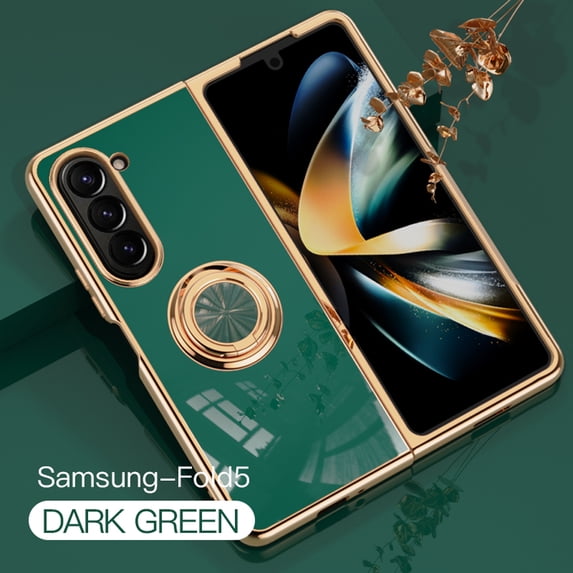 Electroplated Case for Samsung Galaxy Z Fold 5, Slim Thin Light Plating Frame Rotatable Metal Ring Holder Bracket Cover with Magnetic Car Mount Rugged Shockproof Anti-Scratches Case,Darkgreen
