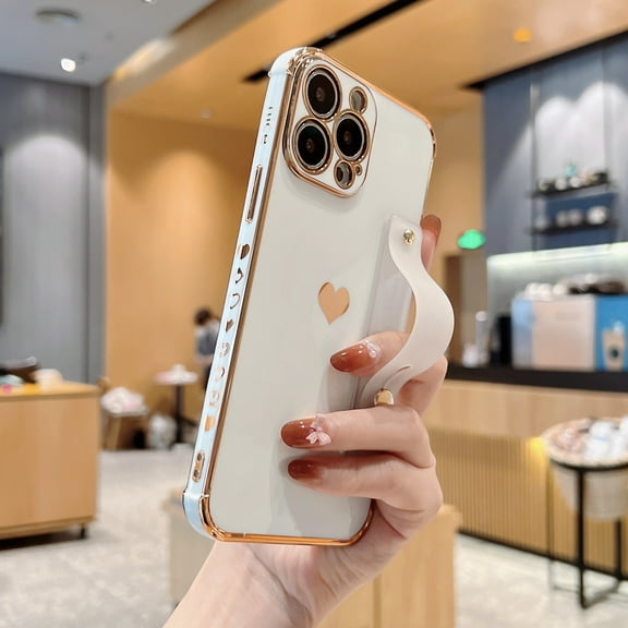 Electroplated Case for iPhone 11, Cute Heart Pattern Slim Lightweight Soft Silicone Shockproof Cover with Wristband Kickstand Lens Protection Phone Case for iPhone 11, White
