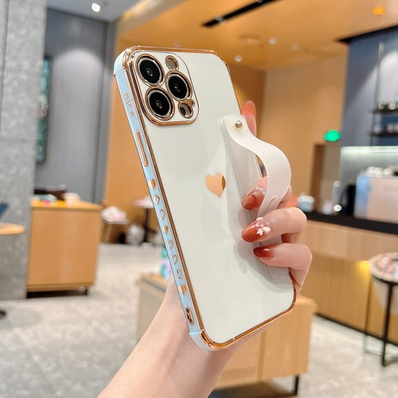 Electroplated Case for iPhone 12, Cute Heart Pattern Slim Lightweight Soft Silicone Shockproof Cover with Wristband Kickstand Lens Protection Phone Case for iPhone 12, White