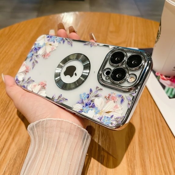 Electroplated Case for iPhone 12 Pro, Floral Flower Pattern Transparent Cover, Logo Hollow TPU Shockproof Lens Protector Slim Lightweight Case for iPhone 12 Pro,Silver