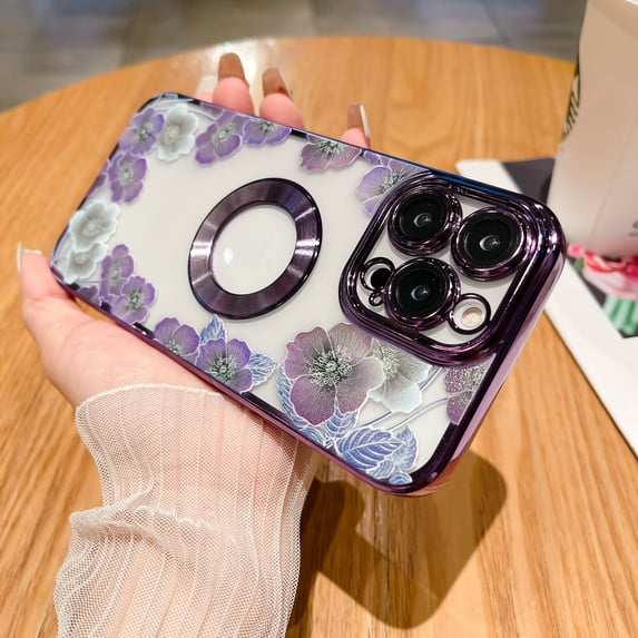 Electroplated Case for iPhone 12 Pro, Floral Flower Pattern Transparent Cover, Logo Hollow TPU Shockproof Lens Protector Slim Lightweight Case for iPhone 12 Pro,Purple