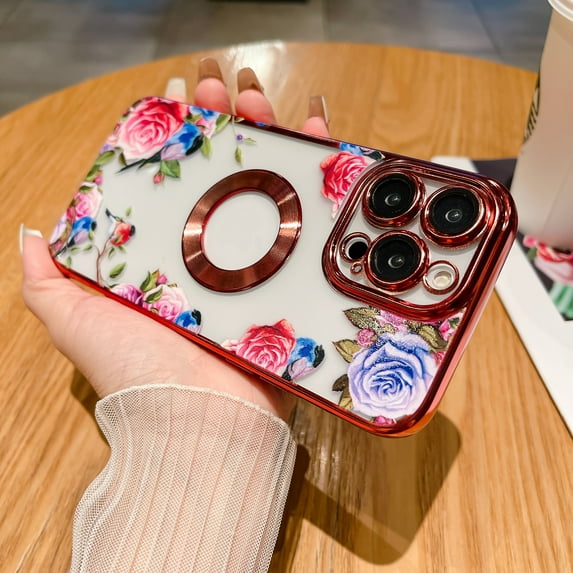 Electroplated Case for iPhone 13 Pro, Floral Flower Pattern Transparent Cover, Logo Hollow TPU Shockproof Lens Protector Slim Lightweight Case for iPhone 13 Pro,Red