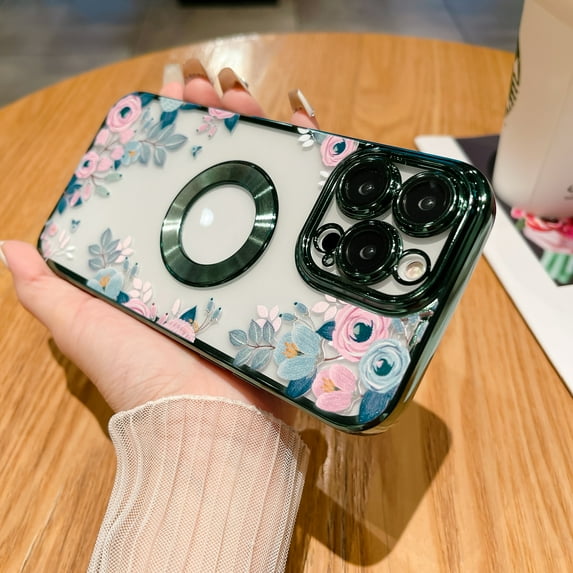Electroplated Case for iPhone 13 Pro Max, Floral Flower Pattern Transparent Cover, Logo Hollow TPU Shockproof Lens Protector Slim Lightweight Case for iPhone 13 Pro Max,Green