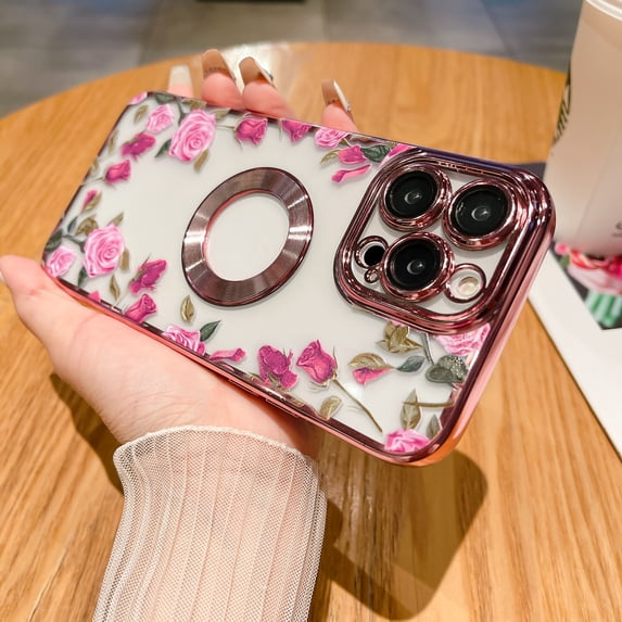 Electroplated Case for iPhone 13 Pro Max, Floral Flower Pattern Transparent Cover, Logo Hollow TPU Shockproof Lens Protector Slim Lightweight Case for iPhone 13 Pro Max,Rosegold