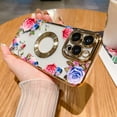 thumbnail image 1 of Electroplated Case for iPhone 14 Pro Max, Floral Flower Pattern Magnetic MagSafe Cover, Compatible with Wireless Charging, Logo Hollow TPU Shockproof Lens Protector Case for iPhone 14 Pro Max,Gold, 1 of 1