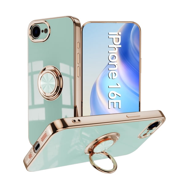 Electroplated Case for iPhone 16e with Stand & Rotatable Ring Holder, Slim Plating Metal Cover Support Magnetic Car Mount, Rugged Shockproof Protective Case for iPhone 16e, Mint
