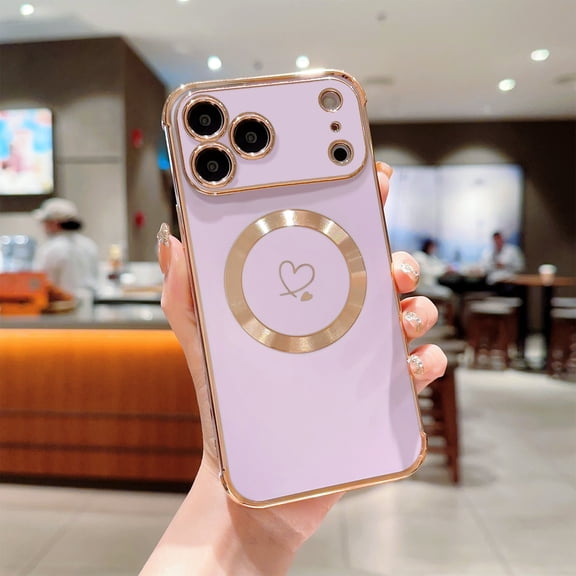 Electroplated Case For iPhone 17 Pro Max, Cute Gold Heart Magnetic Cover Compatible with MagSafe, Full Camera Lens Protection Shockproof Soft TPU Slim Phone Case for Women Girls,Purple