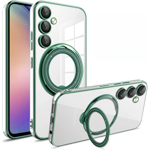 Electroplated Clear Magnetic Phone case with Hidden Finger Ring Holder, Drop-Proof and wear-Resistant, for Samsung Galaxy S24 S23 S22 S20 Ultra Plus FE Phone case (Green,S24 Plus)