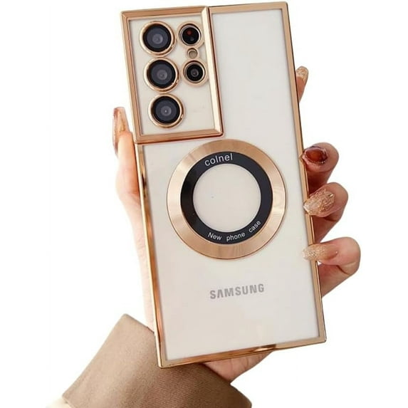 Electroplated Clear Phone case with Magnetic Suction Function, Simple and Fashionable, Drop-Proof and Shock-Proof, for Samsung Galaxy S23 S22 Ultra Plus Phone Case (Gold,S22 Plus)