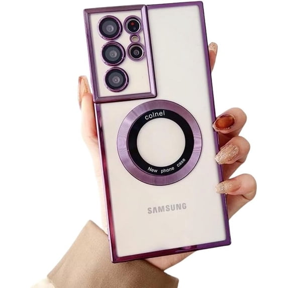 Electroplated Clear Phone case with Magnetic Suction Function, Simple and Fashionable, Drop-Proof and Shock-Proof, for Samsung Galaxy S23 S22 Ultra Plus Phone Case (Dark Purple,S22 Plus)