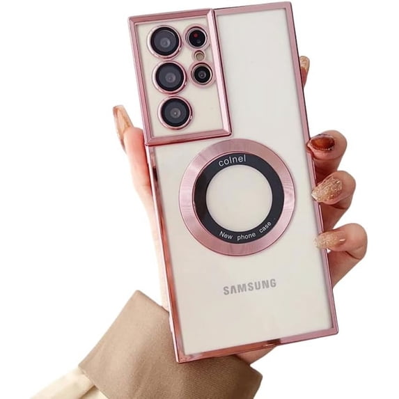 Electroplated Clear Phone case with Magnetic Suction Function, Simple and Fashionable, Drop-Proof and Shock-Proof, for Samsung Galaxy S23 S22 Ultra Plus Phone Case (Pink,S23)