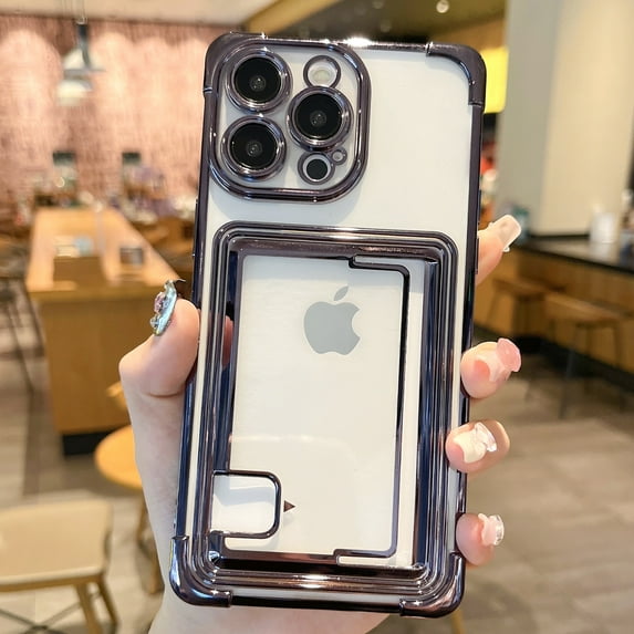 Electroplated Clear Transverse Card Slot Back Case for iPhone 13 Pro Max, Slim Design Drop Protection Anti-Yellowing Drop Resistant Soft TPU Phone Case Cover for Women Girls, Black