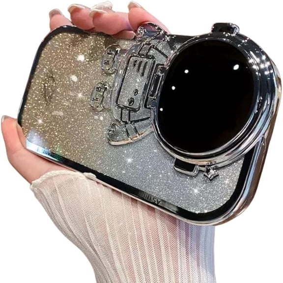 Electroplated Flip Astronaut Case, Astronaut Invisible Stand with or Without Gradient Glitter Paper, Protective Lens Design for iPhone 15 14 13 12 11 Pro Max XR Case (Silver 2,iPhone 14)