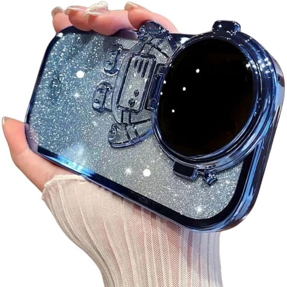 Electroplated Flip Astronaut Case, Astronaut Invisible Stand with or Without Gradient Glitter Paper, Protective Lens Design for iPhone 15 14 13 12 11 Pro Max XR Case (Blue 2,iPhone 14 Plus)
