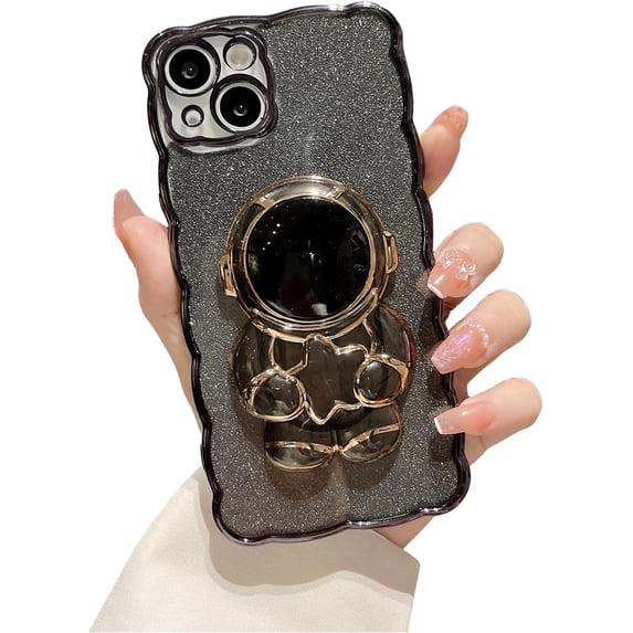Electroplated Glitter Cluck Langevin Astronaut Case with Astronaut Hidden Stand, Glitter Powder Paper for iPhone 15 14 13 12 11 Pro Max Mini XS XR 7 8 SE Phone Case (Black,iPhone 11 Pro Max)