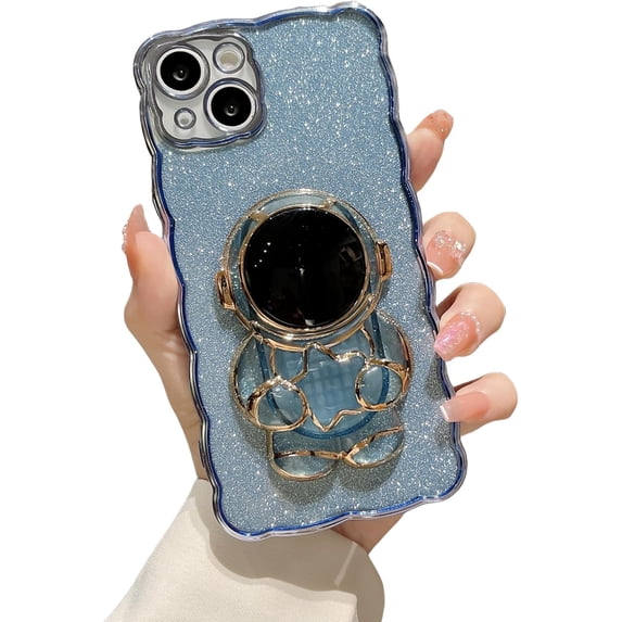 Electroplated Glitter Cluck Langevin Astronaut Case with Astronaut Hidden Stand, Glitter Powder Paper for iPhone 15 14 13 12 11 Pro Max Mini XS XR 7 8 SE Phone Case (Blue,iPhone 14 Pro)