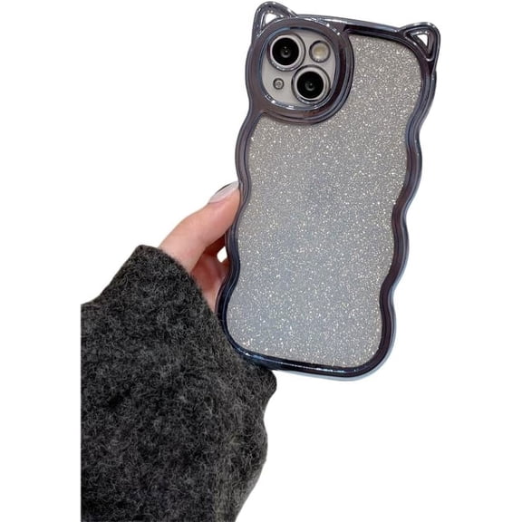 Electroplated Glitter cat Ears Phone case with Glitter Paper, Fashionable Cartoon Cute, Drop-Proof and wear-Resistant, for iPhone 15 14 13 12 11 Pro Max Phone Case (Blue,iPhone 15)