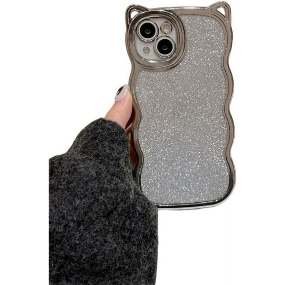Electroplated Glitter cat Ears Phone case with Glitter Paper, Fashionable Cartoon Cute, Drop-Proof and wear-Resistant, for iPhone 15 14 13 12 11 Pro Max Phone Case (Silver,iPhone 15 Pro)