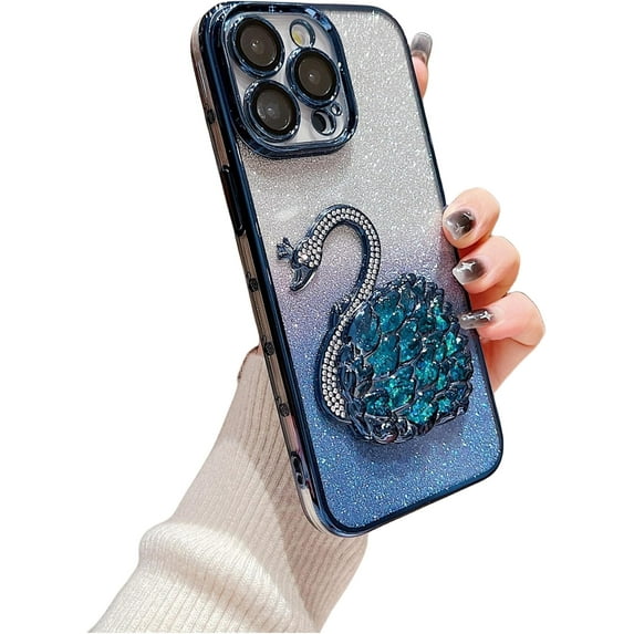 Electroplated Glitter swan Pattern Phone case with Glitter or Without Glitter Paper, Drop-Proof, Light Luxury Style, for iPhone 15 14 13 12 11 Pro Max case (Blue 1,iPhone 12 Pro)