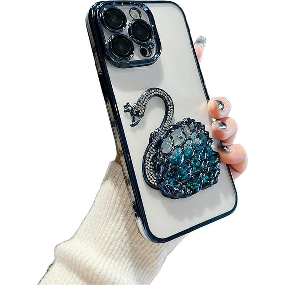Electroplated Glitter swan Pattern Phone case with Glitter or Without Glitter Paper, Drop-Proof, Light Luxury Style, for iPhone 15 14 13 12 11 Pro Max case (Blue 2,iPhone 13 Pro Max)