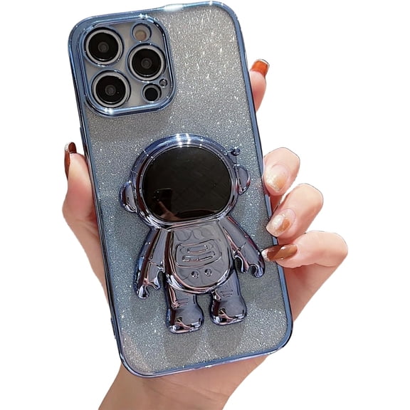 Electroplated Gradient Glitter Astronaut Case with Astronaut Hidden Stand, Drop Proof, Glitter Paper for iPhone 15 14 13 12 11 Pro Max Mini XS XR X 7 8 SE Phone Case (Blue,iPhone 13 Mini)