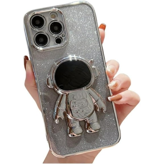 Electroplated Gradient Glitter Astronaut Case with Astronaut Hidden Stand, Drop Proof, Glitter Paper for iPhone 15 14 13 12 11 Pro Max Mini XS XR X 7 8 SE Phone Case (Silver,iPhone 7/8)
