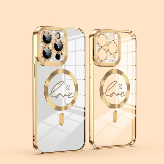 Electroplated Magnetic Case for iPhone 15 Plus, High-Transparency Clear Cover Compatible with MagSafe Wireless Charging, Sparkle Lens Protection Love Pattern Shockproof Case, Gold