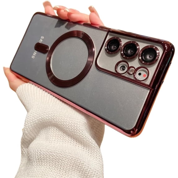 Electroplated Magnetic Clear Case, Full Lens Cover with Lens Film, Drop Proof, for Samsung Galaxy S24 S23 S22 S21 S20 Note20 Note10 Ultra Plus FE Phone Case (Scarlet Red,S23 FE)