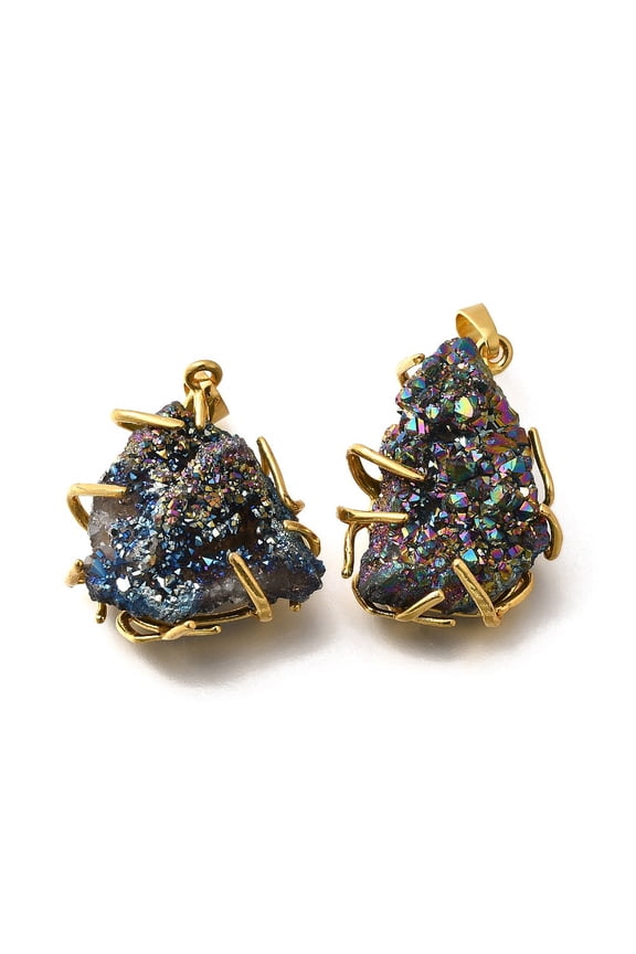 Electroplated Natural Druzy Agate Pendants Charms with Brass Findings Rack Plating Golden Long-Lasting Plated Lead Free Cadmium Free Rainbow Plated 31~37.5x24.5~29x8.5~17mm Hole: 8x5mm