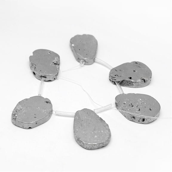 Electroplated Natural Druzy Geode & Dyed Agate Beads Strands Flat Slab Beads Silver 31~38x25~28x5~6mm Hole: 2mm 6pcs/strand 6.69 inch~7.08 inch