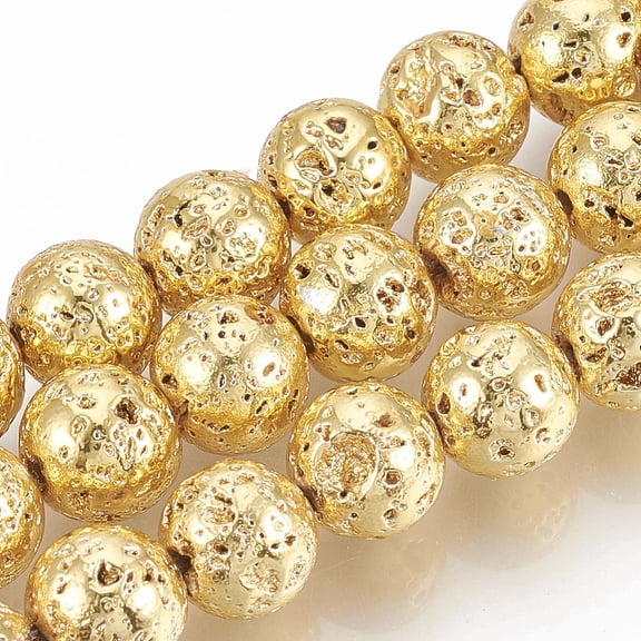 Electroplated Natural Lava Rock Beads Strands Round Bumpy Golden Plated 12~13mm Hole: 1mm about 31pcs/strand 15.7 inch