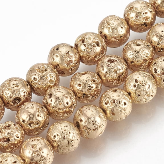 Electroplated Natural Lava Rock Beads Strands Round Bumpy Light Gold Plated 9mm Hole: 1mm about 47pcs/strand 15.7 inch