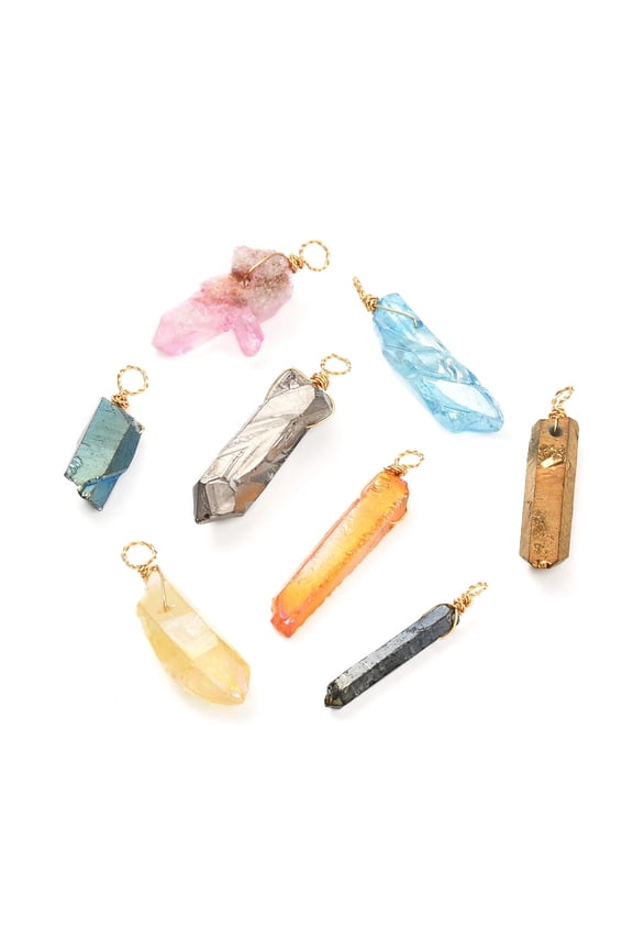 Electroplated Natural Quartz Crystal Pendants with Real 18K Gold Plated Copper Findings Nuggets Mixed Color 30~41x5~18x4~9mm Hole: 3~3.7mm