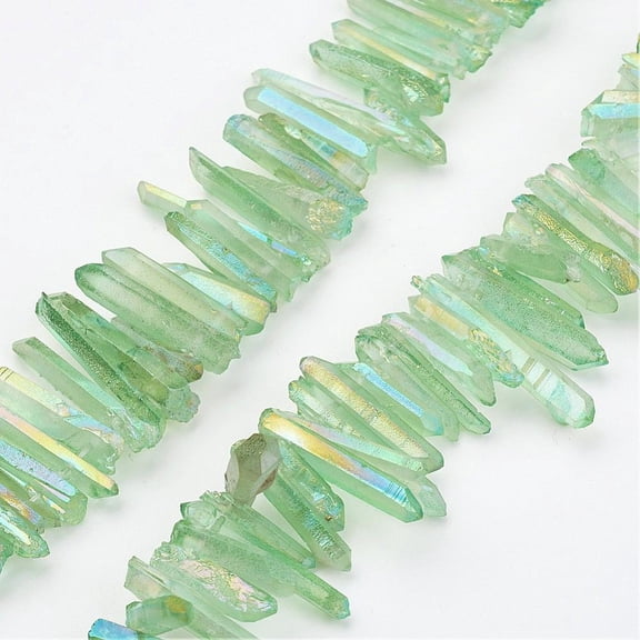 Electroplated Natural Quartz Stick Bead Strands Dyed Irregular Strip Light Green 11.5~32x2~6mm Hole: 1mm about 38~40pcs/strand 7.8 inch(200mm)
