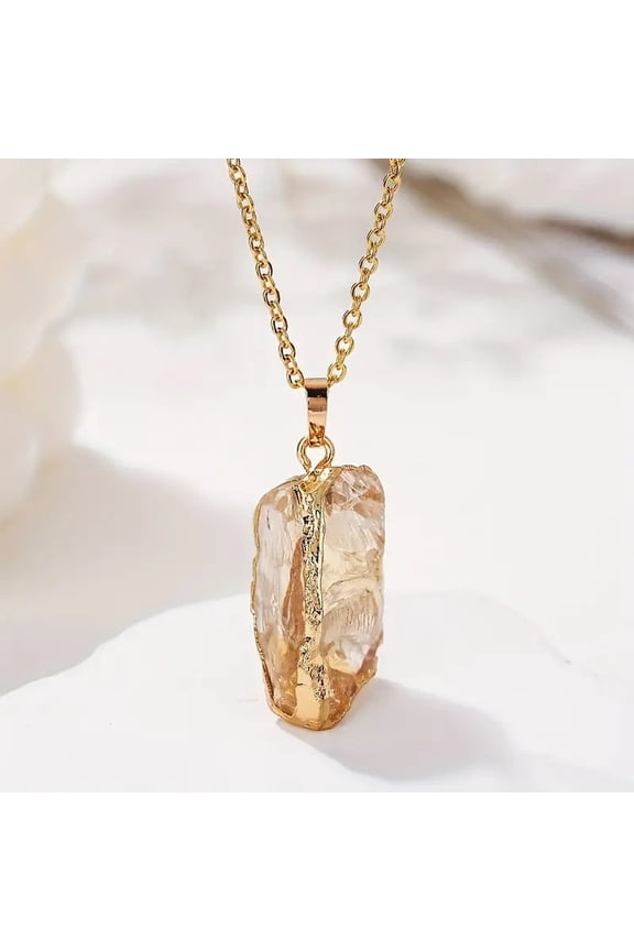 Electroplated Natural Topaz Jade Raw Rough Pendant Necklaces 201 Stainless Steel Cable Chain Necklaces for Women Golden 17.72 inch(45cm) diy