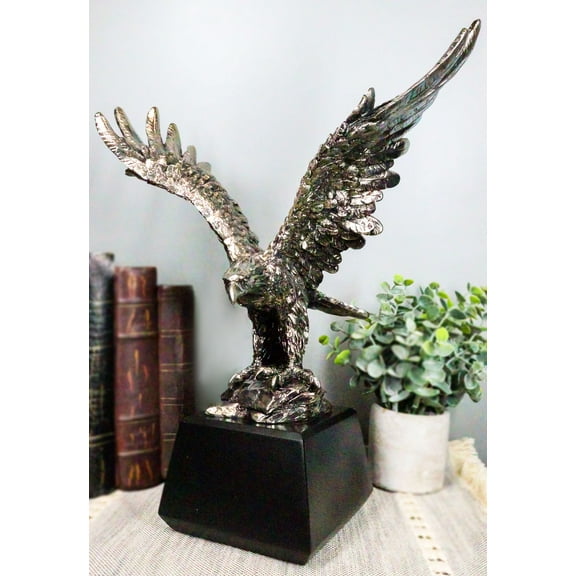 Electroplated Pewter Silver Bald Eagle With Open Wings Landing On Rock Statue