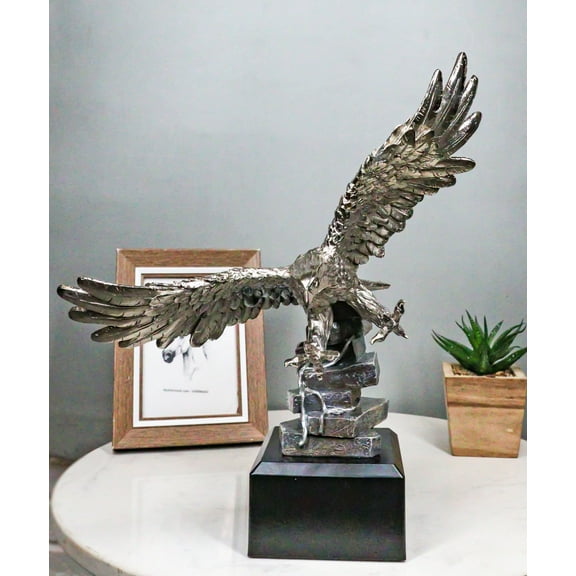 Electroplated Pewter Silver Bald Eagle With Open Wings Soaring Over Rock Statue