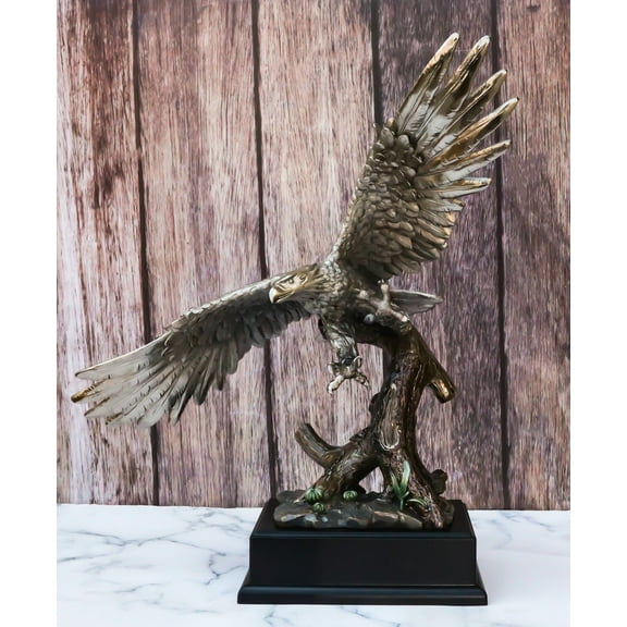 Electroplated Pewter Silver Bald Eagle With Open Wings Soaring Over Tree Statue