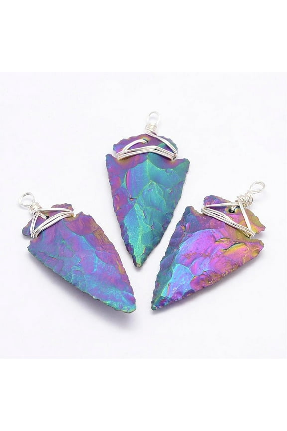 Electroplated Quartz Crystal Big Pendants with Brass Finding Arrowhead Silver Color Plated Multi-color Plated 47~72x20~32x6~12mm Hole: 4mm