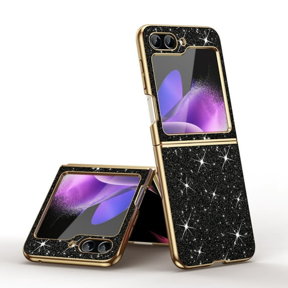 Electroplated Sparkle Case for Samsung Galaxy Z Flip 4, Shining Glitter Metal Frame Shockproof Slim Cover with CD Pattern Lens Protection for Samsung Galaxy Z Flip 4 Women Girls, Black