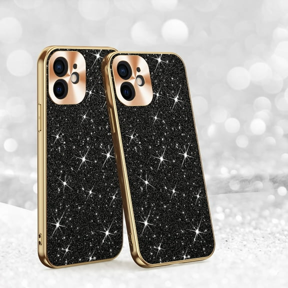 Electroplated Sparkle Case for iPhone 12, Shining Glitter Metal Frame Shockproof Slim Cover with CD Pattern Lens Protection Circle for iPhone 12 Women Girls,Black