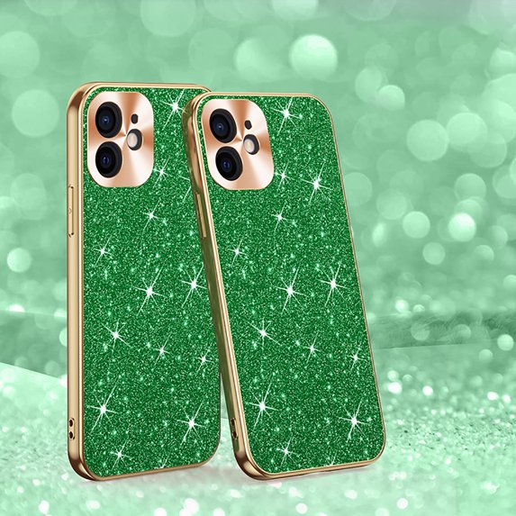 Electroplated Sparkle Case for iPhone 12, Shining Glitter Metal Frame Shockproof Slim Cover with CD Pattern Lens Protection Circle for iPhone 12 Women Girls, Green