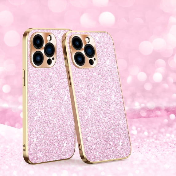 Electroplated Sparkle Case for iPhone 13, Shining Glitter Metal Frame Shockproof Slim Cover with CD Pattern Lens Protection Circle for iPhone 13 Women Girls,Pink