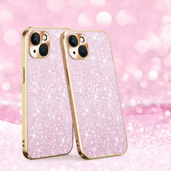 Electroplated Sparkle Case for iPhone 15 Plus, Shining Glitter Metal Frame Shockproof Slim Cover with CD Pattern Lens Protection Circle for iPhone 15 Plus Women Girls,Pink