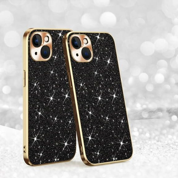 Electroplated Sparkle Case for iPhone 15, Shining Glitter Metal Frame Shockproof Slim Cover with CD Pattern Lens Protection Circle for iPhone 15 Women Girls,Black