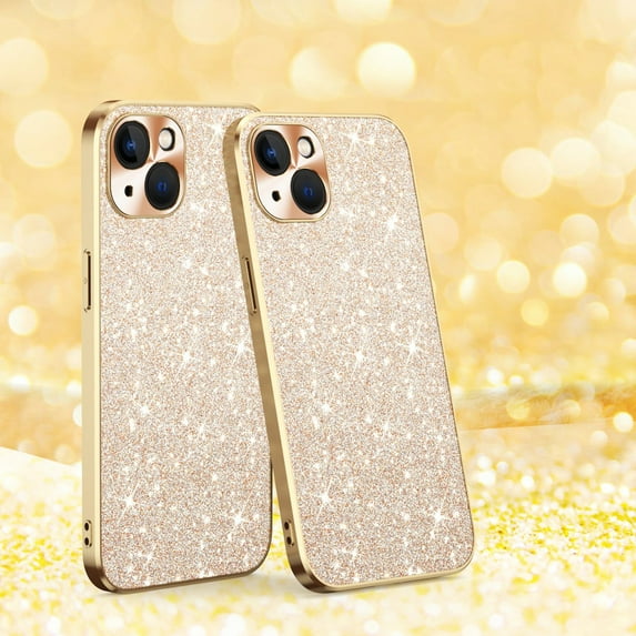 Electroplated Sparkle Case for iPhone 15, Shining Glitter Metal Frame Shockproof Slim Cover with CD Pattern Lens Protection Circle for iPhone 15 Women Girls,Gold