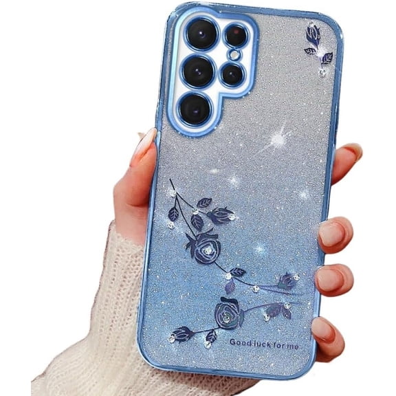 Electroplated Transparent Floral Phone case with or Without Finger Ring Holder, Small Fragrance Design for Samsung Galaxy S24 S23 S22 S21 Ultra Plus FE Note20 Phone Case (Blue 1,S24 Ultra)
