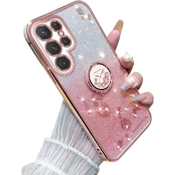 Electroplated Transparent Floral Phone case with or Without Finger Ring Holder, Small Fragrance Design for Samsung Galaxy S24 S23 S22 S21 Ultra Plus FE Note20 Phone Case (Rose Gold 2,S24 Plus)