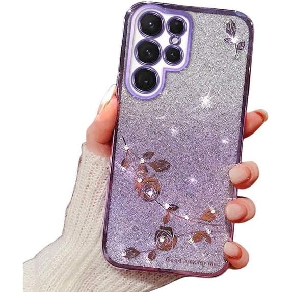 Electroplated Transparent Floral Phone case with or Without Finger Ring Holder, Small Fragrance Design for Samsung Galaxy S24 S23 S22 S21 Ultra Plus FE Note20 Phone Case (Purple 1,S23 Ultra)
