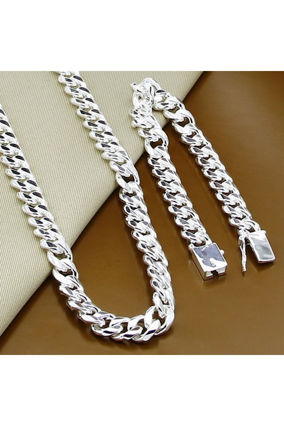 Electroplating 925 Silver 10MM Square Buckle Necklace Bracelet Set